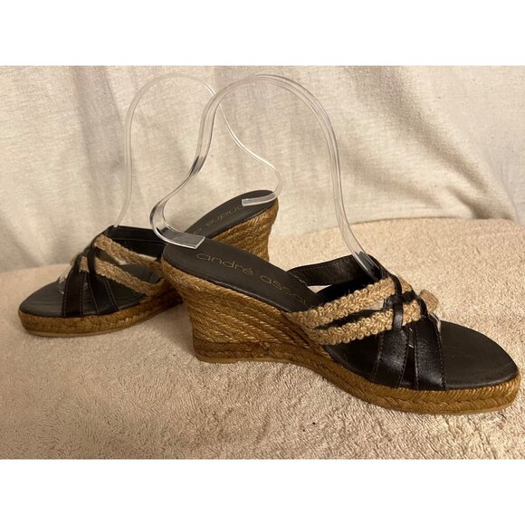 André Assous Women's Espadrille Wedge Sandals Size 7 Black & Natural Leather - Picture 10 of 11